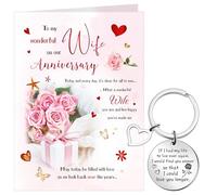 Tenare Wife Anniversary Card with White Envelope and Engraved Lover Keyring Wedding Gifts for Her Hearts and Roses Love Anniversary Greeting Cards from Husband Boyfriend Soulmate