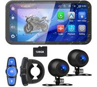 Tenbaba Portable Motorcycle DVR, 6.25" Wireless CarPlay & Android Auto Touch Screen with 1080P HD Dash Cam Front and Rear, Dual Bluetooth, 128GB TF Card, IP67 Waterproof - Carplay GPS for Motorbike