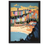 Tenby Castle Beach Coastal Town Summer in Wales Artwork Framed Wall Art Print A4 Artery8 Black One Size