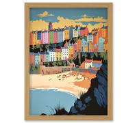 Tenby Castle Beach Coastal Town Summer in Wales Artwork Framed Wall Art Print A4 Artery8 Light Oak One Size