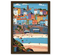 Tenby Castle Beach in Wales Colourful Townscape Artwork Framed Wall Art Print A4 Artery8 Brown One Size