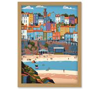 Tenby Castle Beach in Wales Colourful Townscape Artwork Framed Wall Art Print A4 Artery8 Light Oak One Size