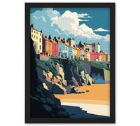 Tenby Harbour Beach Coastal Town Illustration Artwork Framed Wall Art Print A4 Artery8 Black One Size