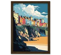 Tenby Harbour Beach Coastal Town Illustration Artwork Framed Wall Art Print A4 Artery8 Brown One Size
