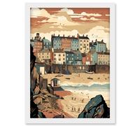 Tenby Harbour Beach Pastel Colour Coastal Town Artwork Framed Wall Art Print A4 Artery8 White One Size