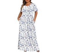 Tencede Womens Plus Size Maxi Dresses Summer 2025 Casual Short Sleeve with Pockets Long Dress 1X-5X, White Blue Wildflower, 5XL