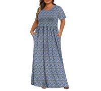 Tencede Womens Plus Size Maxi Dresses Summer 2026 Casual Short Sleeve with Pockets Long Dress 1X-5X, Blue Leaf Flower, 5XL
