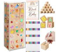 Tenceur 104 Pcs Baby Shower Decorate a Block Game Baby Shower Games 54 DIY Blank Wooden Block 48 Watercolor Markers with Acrylic Box Set for Baby Games Wedding Guests Party Supplies(Boho)