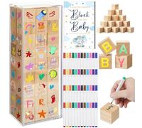 Tenceur 104 Pcs Baby Shower Game Sign Set Baby Shower Blocks to Decorate 54 DIY Blank Wooden Block 48 Watercolor Markers with Acrylic Box Set for Baby Games Gender Reveals Party Supplies(Elephant)