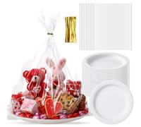 Tenceur 12 Set Christmas Cellophane Cookie Tray Bags with Dessert Plates and Twist Ties, 15.8 x 19.7 Clear Cellophane Bags 10 Inch Disposable Paper Dinner Plates for Christmas Gifts Basket Fillers