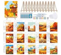 Tenceur 16 Sets Pre Drawn Canvas to Paint for Sip and Paint Party, 8 x 10 Inch Preprinted Framed Pre Sketched Coloring Canvas with Easels and Brushes for Adults Kids Party Supplies (Fall)