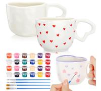 Tenceur 2 Sets Valentine's Day Painted Mug Kits Ceramic Heart Shaped Mugs Paint Your Own Mug DIY Coffee Mugs Includes Blank White Coffee Cups and Painting Supplies Valentines Wedding Gift