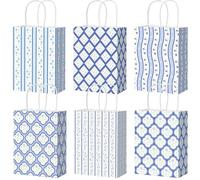 Tenceur 24 Pcs Blue Coastal Wavy Floral Gift Bags with Handle Paper Candy Treat Goodie Cookie Supplies Party Favor for Spring Summer Tea Party Wedding Birthday Bridal Shower