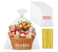 Tenceur 24 Pcs Large Clear Cellophane Wrap for Gift Baskets, 30 x 40 Inch Plastic Gift Bags with Twist Ties for Gifts Baskets, Weddings, Birthday Parties, Holiday Gifts, Party Decorations
