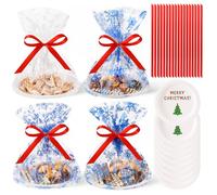 Tenceur 24 Sets Large Christmas Cookie Tray Bag Set Including Cellophane Gift Bag 19.7" x 15.8", 10" Christmas Plate and Red Ribbon, Clear Treat Wrapping for Xmas Party Gift Giving (Stylish Style)