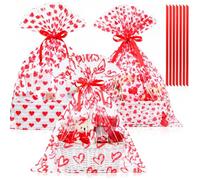 Tenceur 30 Pcs Heart Clear Cellophane Gift Bags with Red Ribbons - Large 25.6 × 31.5 Inches Valentine's Day Plastic Basket Wrapping for Gifts, Crafts, Dolls, and Toys
