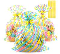 Tenceur 30 Pcs Large Easter Basket Gift Bags with Yellow Ribbons 25.6 x 31.5 Inch Clear Waterproof Easter Egg Bunny Design Wrapping Gift Bags for Holiday Basket Crafts, Dolls, and Toys