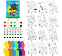 Tenceur 48 Pcs Kids Paint Party Favors Sets with 12 Pcs Pre Drawn Canvas Panel and Wooden Easel Set Paint Pots and Brushes, 12 Pcs Mini Apron and Tote Bag for Kids Student (Fresh)