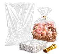 Tenceur 48 Pcs Large Clear Cellophane Wrap for Gift Baskets, 24 x 30 Inch Plastic Gift Bags with Twist Ties for Gifts Baskets, Weddings, Birthday Parties, Holiday Gifts, Party Decorations