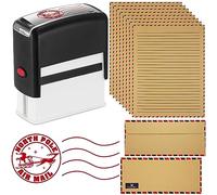 Tenceur North Pole Self Inking Stamp with 100 Pcs Vintage Airmail Stationery Paper Set 50 Lined Sheets and 50 Matching Envelopes Letter Size 8.5 x 11 Inch Signature Stamp for Letter Writing