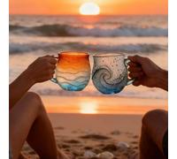 Tencipeda Golden Tide Mug, Handcrafted Sea Glass Ocean Wave Mug 12oz, Unique Sunset Frosted Glass Cup, Coastal Beach Theme Drinkware for Coffee Tea Wine (Sunset/Ocean Waves)