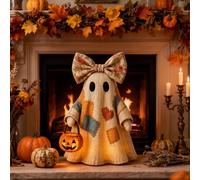 Tencipeda Lighted Vintage Patchwork Ghost, Patchwork Ghost with Pumpkin Lantern for Mantel Shelf Entryway Porch Home Decoration