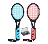 Tendak 2 Pack Tennis Racket for Nintendo Switch Joy Con, Hand Grips Tennis Racket for Switch Joy Cons Controller, Handle Grip for Mario Tennis Aces with 12 in 1 Game Card Case (Blue and Red)