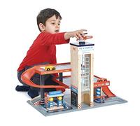 Tender Leaf Toys Blue Bird Service Station - Petrol Station and Parking Garage with Helicopter, 3 Cars, Wooden