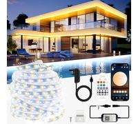 TENDIST 20M Outdoor Led Strip Lights Waterproof Warm White Led Strip, IP67 Dimmable White Rope Lights with APP & Remote, 24V 3000K to 6500K Self Adhesive Smart Light for Outdoor Garden, Balcony, Patio