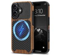 TENDLIN Magnetic Case Compatible with iPhone 17 Case Wood Grain with Carbon Fiber Texture Design Leather Hybrid Slim Cover (Compatible with MagSafe) Black