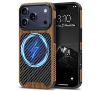 TENDLIN Magnetic Case Compatible with iPhone 17 Pro Max Case Wood Grain with Carbon Fiber Texture Design Leather Hybrid Slim Cover (Compatible with MagSafe) Black