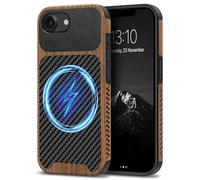 TENDLIN Magnetic Cover Compatible with iPhone 17e Case/iPhone 16e Case Wood Grain with Carbon Fiber Texture Design Leather Hybrid Slim Cover (Compatible with MagSafe) Black