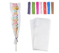 Tendwarm 100 Pcs 3x11 Inch Clear Long Candy Cello Cellophane Treat Bags with 7 Mix Colors Twist Ties Perfect for Birthday Favor Candles Pretzel Icy Candy Popsicle