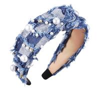 TENDYCOCO Knotted Denim Headband for Women Sparkly Rhinestone Hair Accessories Wide Spa Running Hairband Comfortable Nonslip Design for Daily Use and Parties