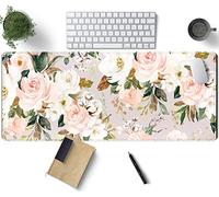 TENG DA QING Pink Flowers Keyboard Pad PC Gaming Desk Mat Mouse Pads Green Leaves Floral Large, Computer XL Big Mousepad with Stitched Edge Home Office Decor 31.5x11.8 in, 31.5x11.8x0.12 in (XCD-77)