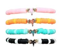 tenghong2021 4-6PCS Ocean Fish Turtle Starfish Bead Bracelet Set - Colorful Clay Disc Stretch Bangles, Coastal Boho Stackable Wrist Jewelry Vacation Summer, S, Acrylic, no gemstone