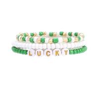 tenghong2021 Handmade Fashion St.Patrick’s Day Bracelets 3 Pcs Stackable Lucky Leaf Shamrock Charm Irish Green Clover Beaded Bracelet for Women Friendship Boho Unique Jewelry, 0.1, Acrylic, no
