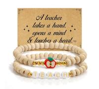 tenghong2021 Teacher Appreciation Bracelet Wood Beads Thank You Gift Teach Meaningful Gifts for Women with Message Card, 0.1, Acrylic, no gemstone