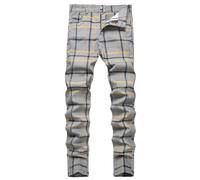 TENGINE Plaid Pants for Men, Mens Skinny Stretch Slim fit Chinos Golf Business Dress Casual Pants, Greyyellowplaid, 34