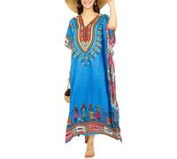 Tengru Women African Kaftan Maxi Swimsuit Beach Cover Up Nightwear Loungewear Casual Dress Ladies Dashiki Caftan Free Siz Blue