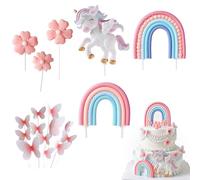 TENGWA 18 PCS Unicorn Cake Topper 3D Topper Rainbow Cake Features Unicorns Rainbows Flowers Butterflies Suitable for Boys and Girls