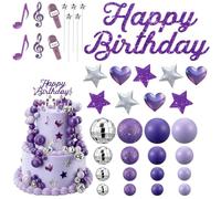 TENGWA 37Pcs Purple Cake Decoration Stylish Disco Balls Singer Stars | Disco Cake Topper Silver 70s 80s for Birthday Wedding Baby Shower Party Celebrations