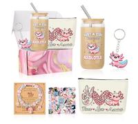 TENICER Axolotl Gifts for Girls 7pcs Birthday Gift Basket for Axolotls Lovers Daughter Granddaughter Niece Best Friends Cute Drinking Glass Cup