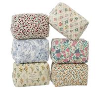 TenKa 6 Pcs Quilted Makeup Bags Bulk, Premium Floral Cosmetic Bag Bridesmaid Gifts, Cute Coquette Travel Pouch Organizer-Retro Floral