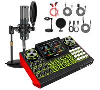 TENLAMP G9 Podcast Equipment, Audio Interface with Soundboard Effects, 3.5mm Condenser Mic Bundle, Desk Stand, Reverb Control, Voice Changer, Denoise, Monitoring, for PC, Phone, Gaming, Streaming