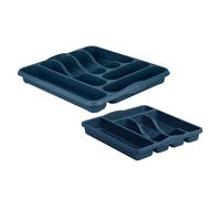 TENLITE 2 Piece Cutlery Organiser Tray Set - Large 7 Compartment & Compact 5 Compartment Plastic Kitchen Drawer Divider for Spoons, Forks & Knives, Durable High Gloss Easy Clean - (Navy)