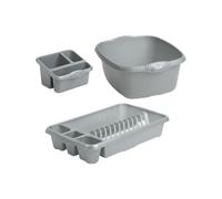 TENLITE 3-in-1 Kitchen Sink Set - 39cm Rectangular Washing Up Bowl, Medium Dish Drainer & Sink Tidy - Space-Saving Kitchen Organiser for Modern Homes - (Silver)
