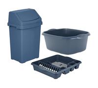 TENLITE 3-Piece Kitchen Set - 50L Swing Bin, Large Dish Drainer & 39CM Rectangular Washing Up Bowl - Durable Plastic for Home, Office, Utility Room & Garden Use - Made in UK - (Navy)