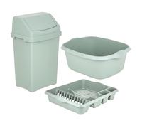 TENLITE 3-Piece Kitchen Set - 50L Swing Bin, Large Dish Drainer & 39CM Rectangular Washing Up Bowl - Durable Plastic for Home, Office, Utility Room & Garden Use - Made in UK - (Silver Sage)