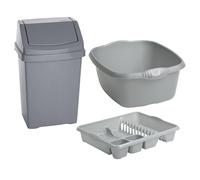 TENLITE 3-Piece Kitchen Set - 50L Swing Bin, Large Dish Drainer & 39CM Rectangular Washing Up Bowl - Durable Plastic for Home, Office, Utility Room & Garden Use - Made in UK - (Silver)